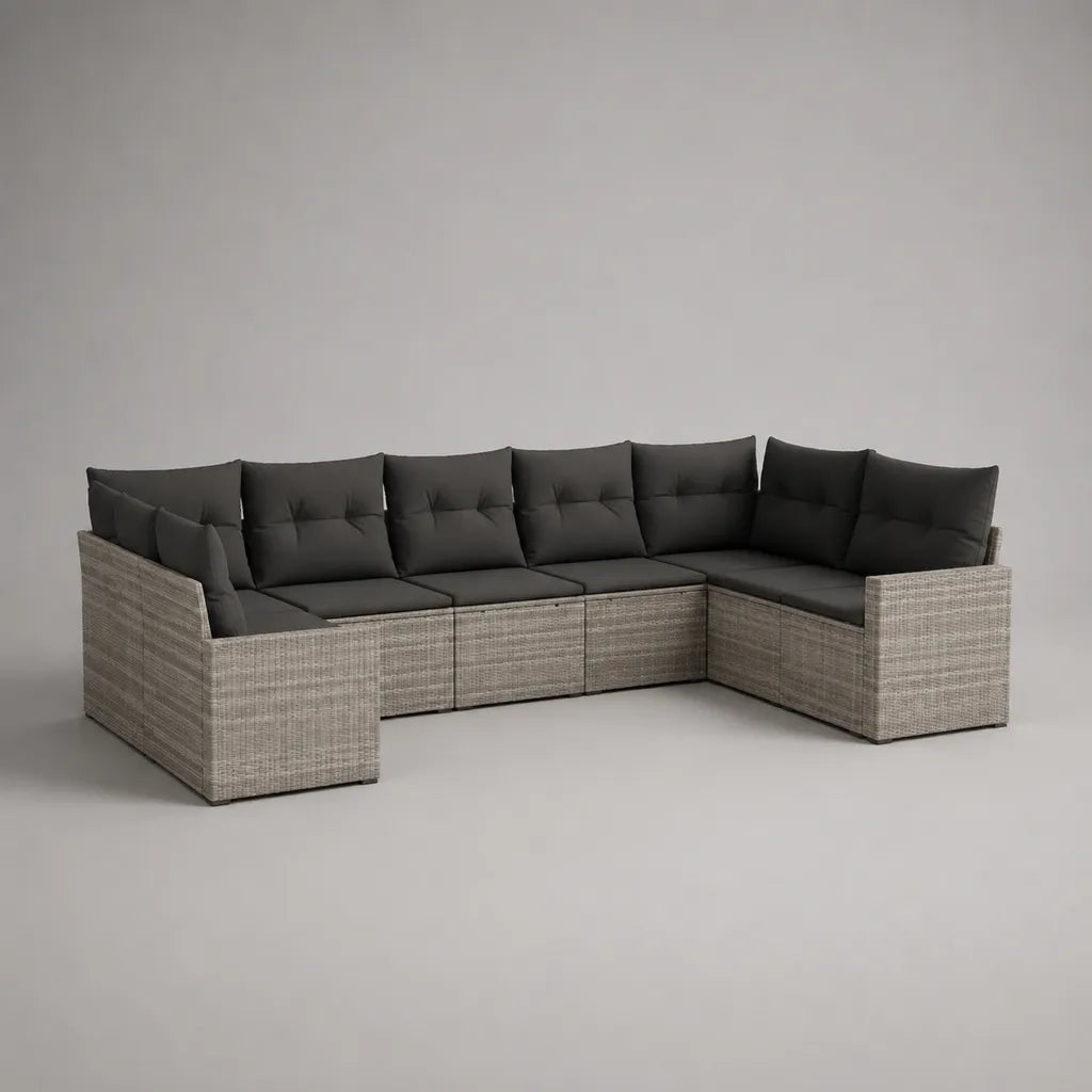 6-teiliges Gartensofa-Set aus PE-Rattan mit Polyesterpolstern, U-Form, Hellgrau/Anthrazit, 280 × 210 × 65 cm