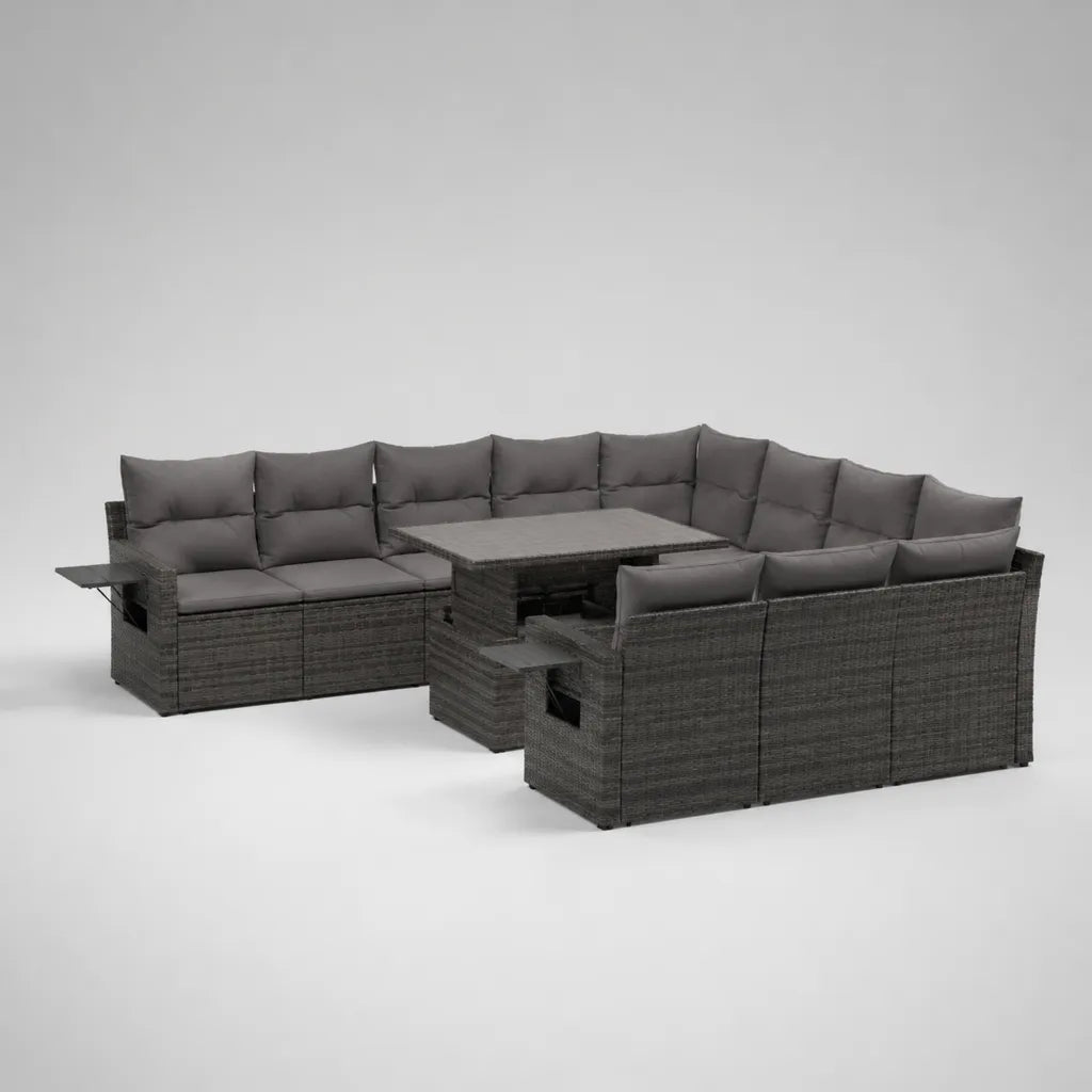 Gartensofa-Set in U-Form aus PE-Rattan mit Esstisch und 3 Hockern, Anthrazit/Grau, 285 × 220 × 74 cm