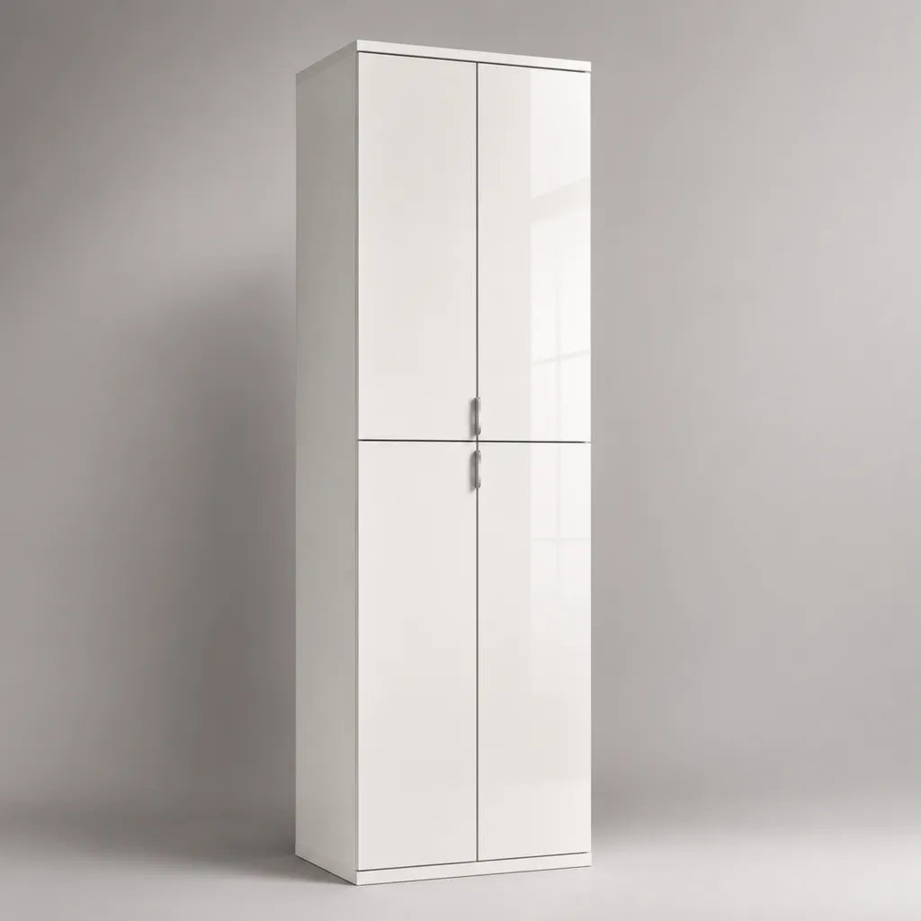 Kleiderschrank und Hochschrank aus Spanplatte und MDF mit 4 Drehtüren, Weiß Hochglanz, 60 × 40 × 200 cm