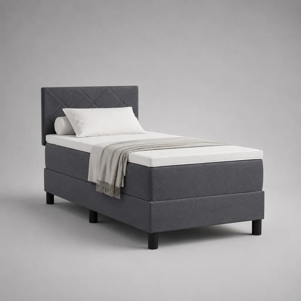 Boxspringbett-Set 90 × 200 cm mit Matratze und Topper, Polyestergewebe, Dunkelgrau