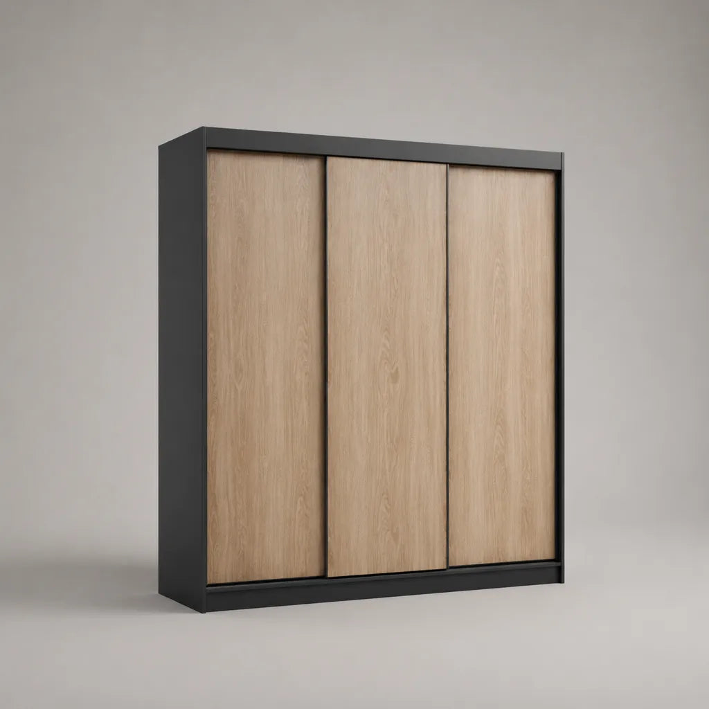 Kleiderschrank aus Spanplatte mit 3 Schiebetüren, Eiche hell/Anthrazit, 180 × 60 × 210 cm