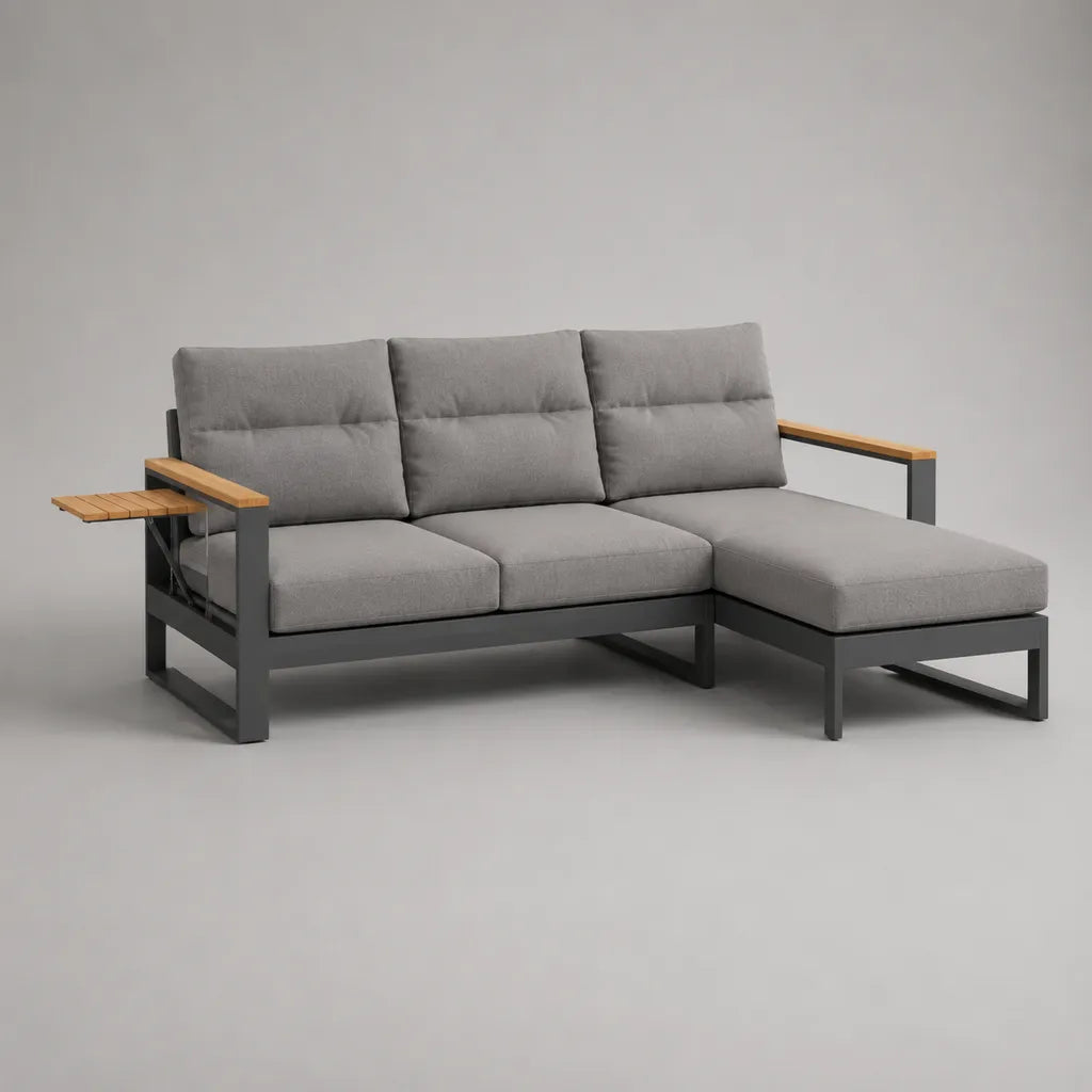 Garten-Loungesofa, 3-Sitzer, 2-teilig, mit rechter Chaiselongue und Seitenablage, Stahl und Akazienholz, Grau/Anthrazit, 230 × 145 × 83 cm