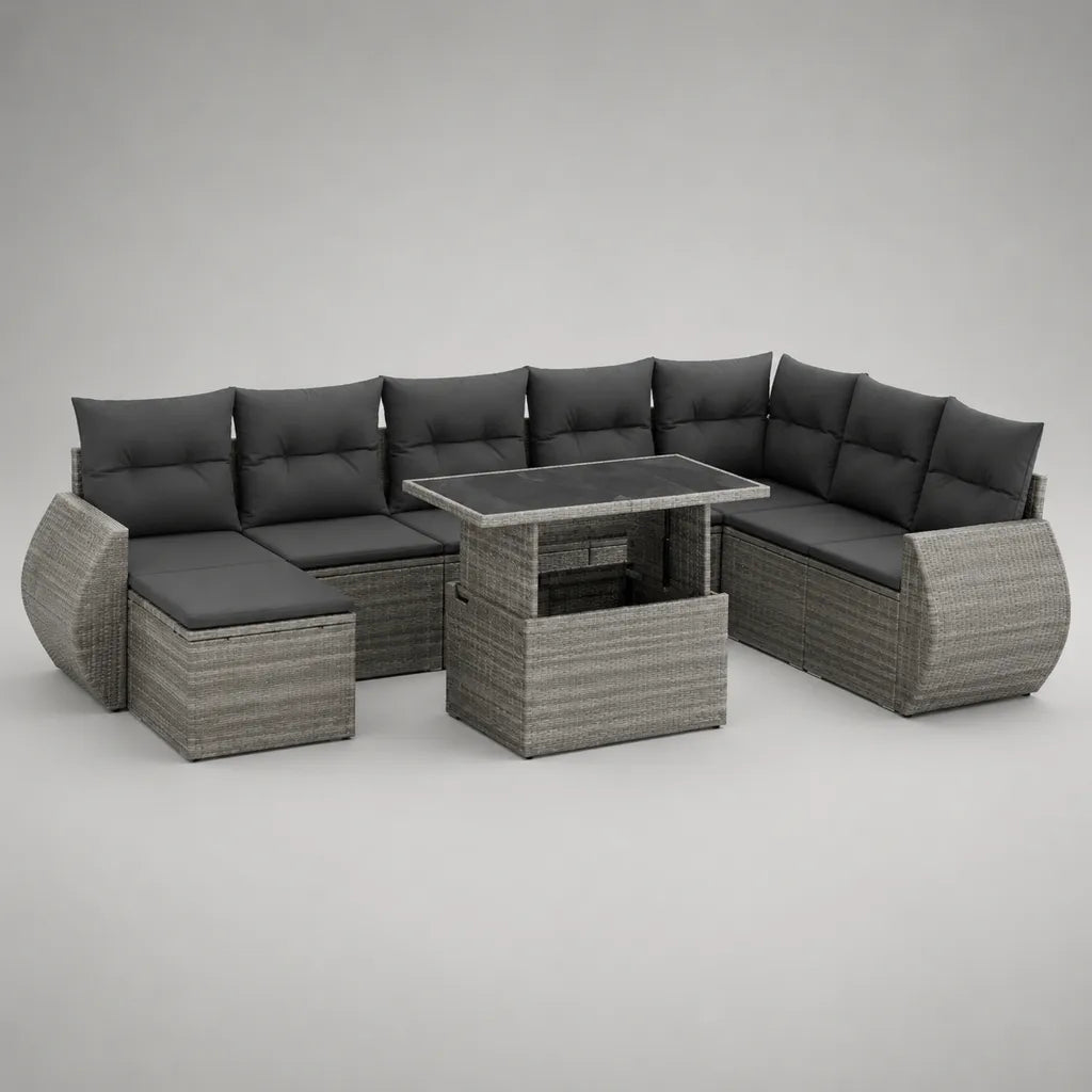 3-teiliges Gartensofa-Set, 9-Sitzer aus PE-Rattan mit höhenverstellbarem Tisch, L-Form, Grau/Anthrazit, 252 × 195 × 86 cm