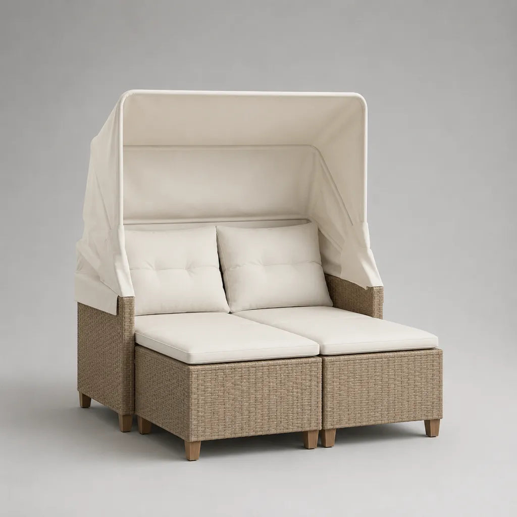 3-teiliges Gartensofa mit Sonnendach aus PE-Rattan und Stahl, Beige und Cremeweiß, 134 × 138 × 176 cm