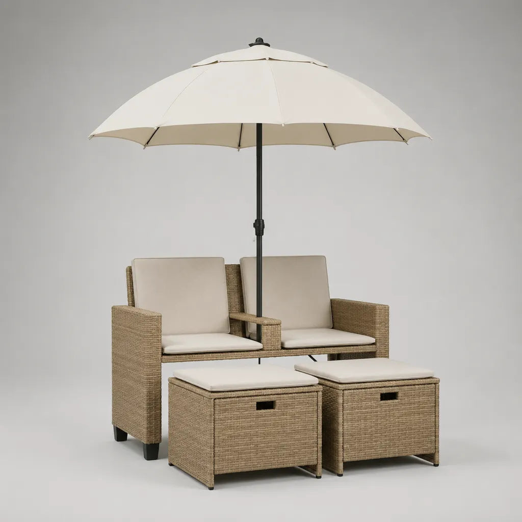 Gartensofa-Set 4-teilig aus PE-Rattan, Beige und Creme, 2-Sitzer 142 × 68 × 87 cm, 2 Aufbewahrungshocker 60 × 50 × 42 cm, Sonnenschirm Ø 270 × 235 cm