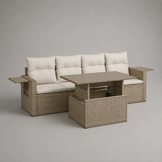 4-teiliges Gartenmöbel-Set aus PE-Rattan mit 4-Sitzer-Sofa, Esstisch und 2 Hockern, Taupe/Cremeweiß, Sofa 245 x 75 x 90 cm