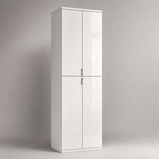 Kleiderschrank und Hochschrank aus Spanplatte und MDF mit 4 Drehtüren, Weiß Hochglanz, 60 × 40 × 200 cm