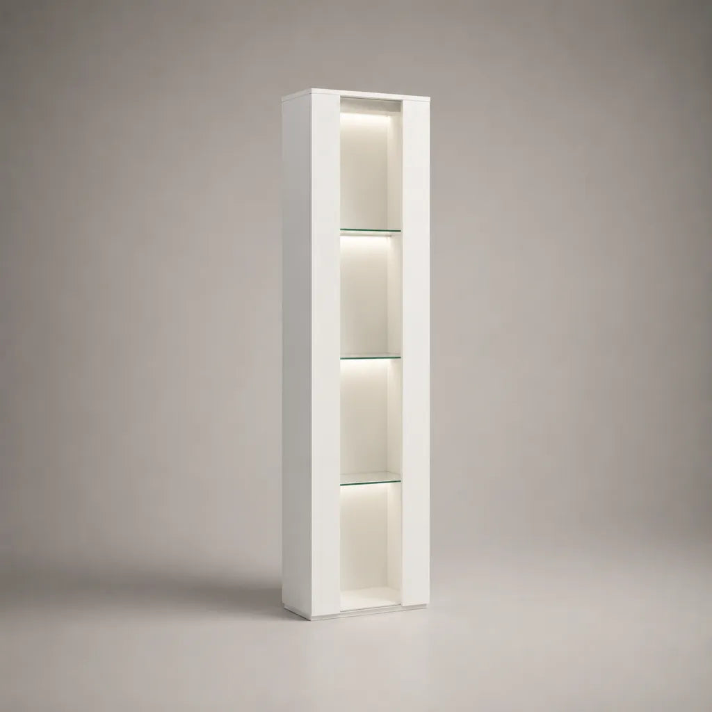 Weiße Standvitrine mit LED-Beleuchtung aus MDF und Sicherheitsglas, 40 × 35 × 180 cm
