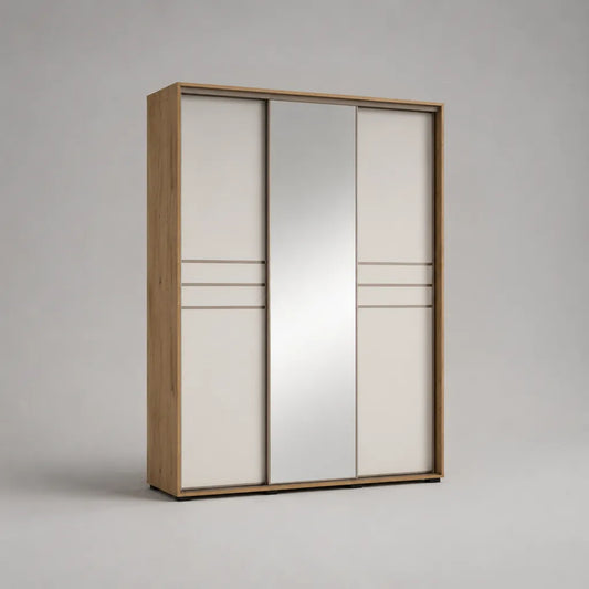 3-türiger Schwebetürenschrank mit Spiegel aus melaminharzbeschichteter Spanplatte, Eiche/Weiß/Silber, 180 × 60 × 215 cm