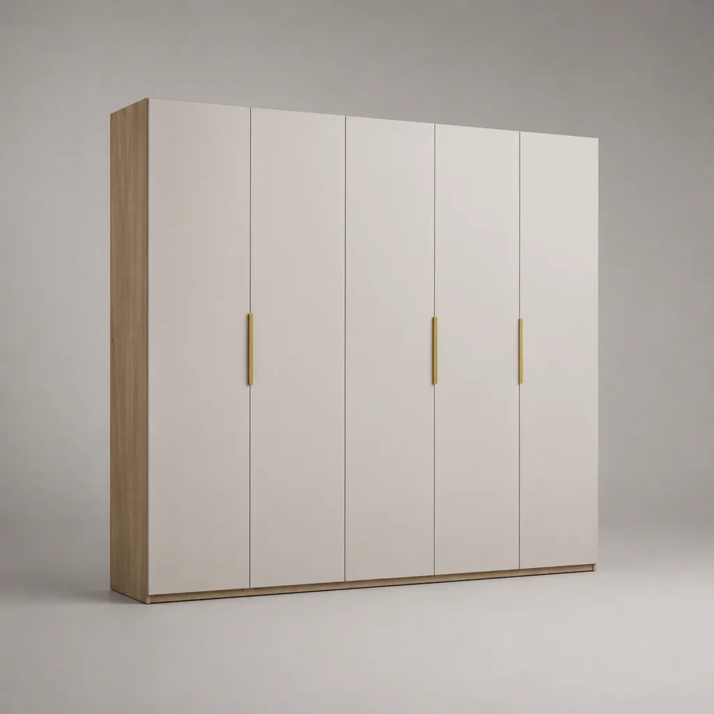 Kleiderschrank mit 5 Drehtüren aus melaminharzbeschichteter Spanplatte, Weiß/Eichefarben/Goldfarben, 250 × 60 × 220 cm