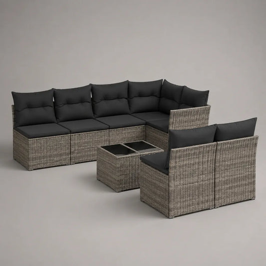 7-teiliges Garten-Loungemöbel-Set in L-Form aus PE-Rattan, Stahl und Polyester, Grau/Schwarz, 250 × 140 × 65 cm