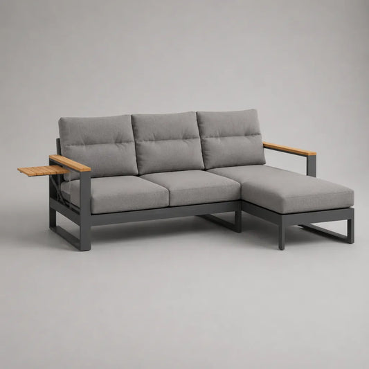 Garten-Loungesofa, 3-Sitzer, 2-teilig, mit rechter Chaiselongue und Seitenablage, Stahl und Akazienholz, Grau/Anthrazit, 230 × 145 × 83 cm