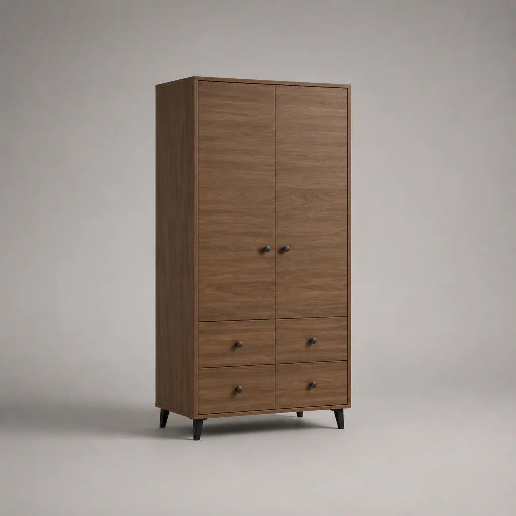 Kleiderschrank aus melaminbeschichteter Spanplatte, 2 Türen und 4 Schubladen, Walnussbraun und Schwarz, 90 × 50 × 180 cm