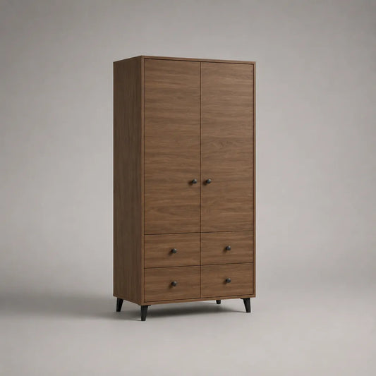 Kleiderschrank aus melaminbeschichteter Spanplatte, 2 Türen und 4 Schubladen, Walnussbraun und Schwarz, 90 × 50 × 180 cm