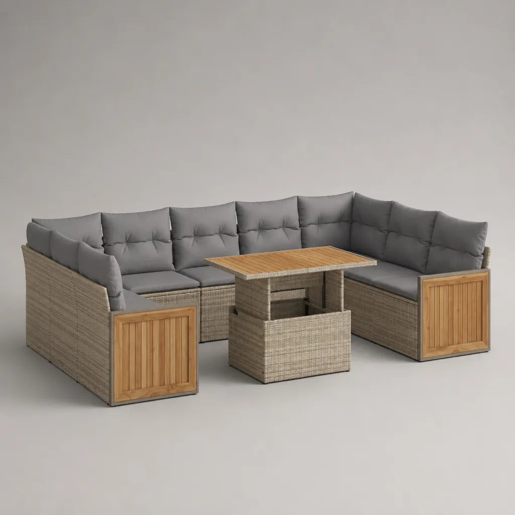Gartenlounge-Set mit U-förmigem Gartensofa aus PE-Rattan und Akazienholz, Grau-Beige/Natur, 245 x 180 x 82 cm, Tisch 120 x 70 x 67 cm