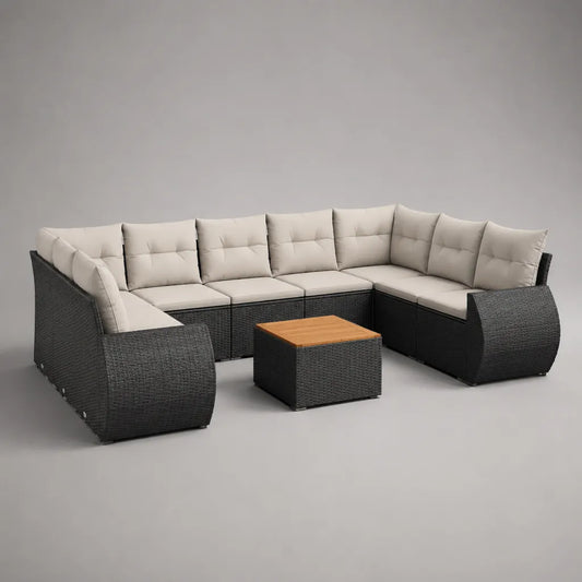9-teiliges Gartensofa-Set in U-Form aus PE-Rattan und Stahl mit Polyesterkissen, Anthrazit/Beige/Naturbraun, 290 × 220 × 74 cm