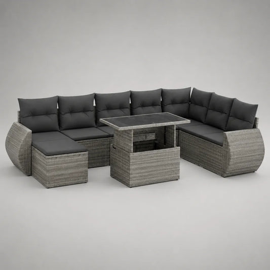 3-teiliges Gartensofa-Set, 9-Sitzer aus PE-Rattan mit höhenverstellbarem Tisch, L-Form, Grau/Anthrazit, 252 × 195 × 86 cm