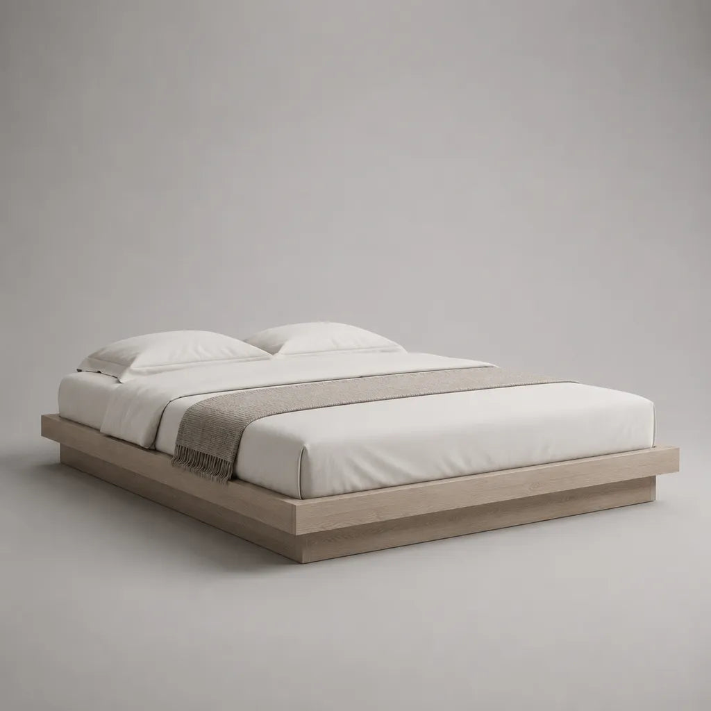 Bettgestell 180 × 200 cm aus MDF mit Eichenfurnier, Eiche natur, ohne Kopfteil, Gesamtmaß 200 × 220 × 28 cm