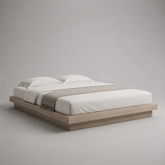 Bettgestell 180 × 200 cm aus MDF mit Eichenfurnier, Eiche natur, ohne Kopfteil, Gesamtmaß 200 × 220 × 28 cm