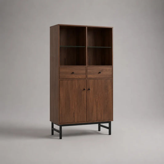 Vitrinenschrank aus MDF, Glas und Stahl mit 2 Glasböden, 2 Schubladen und 2 Türen, Walnussbraun/Schwarz, 90 × 40 × 180 cm