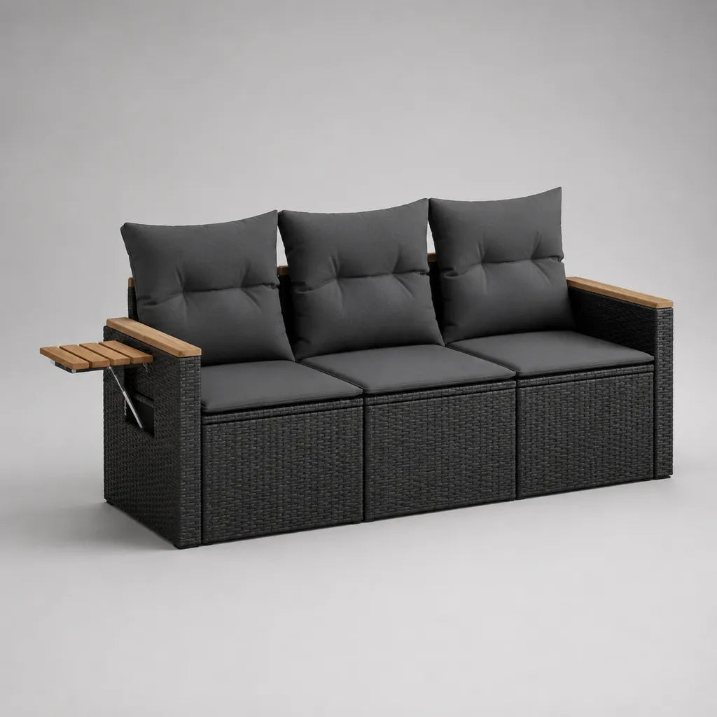 Gartensofa 3-Sitzer, 7-teiliges Set mit Klapptisch aus PE-Rattan, Stahl und Akazienholz, Schwarz/Anthrazit/Naturbraun, 198 × 75 × 85 cm