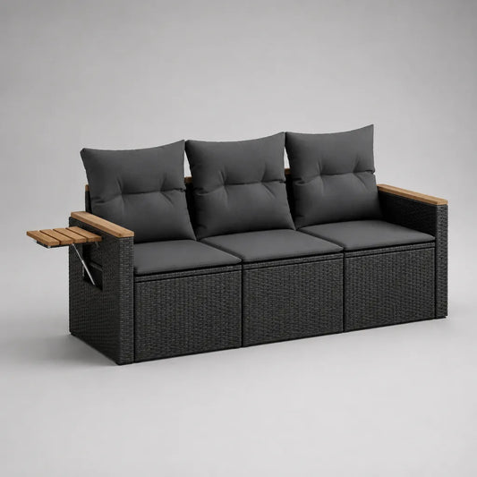 Gartensofa 3-Sitzer, 7-teiliges Set mit Klapptisch aus PE-Rattan, Stahl und Akazienholz, Schwarz/Anthrazit/Naturbraun, 198 × 75 × 85 cm