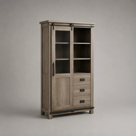 Vitrinenschrank aus Holzwerkstoff und Metall mit Schiebetür und 3 Schubladen, Grau-Schwarz, 100 × 42 × 180 cm