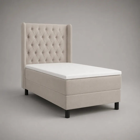 Boxspringbett-Komplettset 90 × 200 cm mit Matratze, Topper und Polyesterbezug, Beige mit schwarzen Füßen